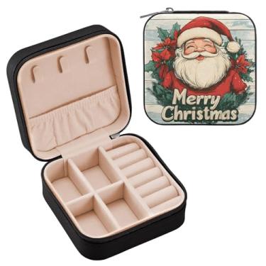 Imagem de Wassud Caixa de joias de viagem com cabeça de Papai Noel feliz para mulheres, meninas, senhoras, noiva, mini organizador de joias de couro PU, caixa quadrada de armazenamento de joias para brincos