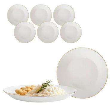 Imagem de Kit 6 Prato Redondo Raso Opaline Branco Borda Dourada 26,5cm - Haüskra