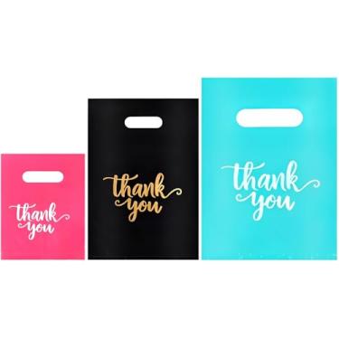 Imagem de Heran 200 peças de sacos de agradecimento para pequenas empresas, 3 tamanhos de sacolas de compras de supermercado, sacola de presente de boutique de venda preta rosa turquesa, bolsa de presente