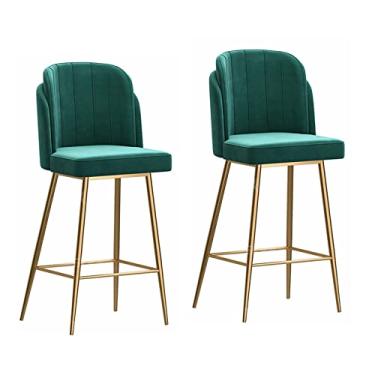 Imagem de Conjunto de 2 bancos de bar de veludo verde, 63 cm para balcão de cozinha, ilha e pub, almofada traseira grande e confortável