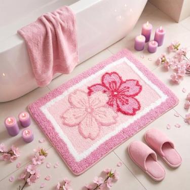 Imagem de Boao Tapete de banho rosa flor de cerejeira tapete de banho adornado flor de cerejeira flores de verão banheiro antiderrapante tufado tapete de chuveiro decoração para quarto cozinha porta da frente