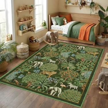 Imagem de GarveeHome Tapete de selva lavável 25 x 30 cm para sala de estar, verde escuro, estampa animal, antiderrapante, camada baixa, resistente a manchas, tapete grande para quarto de crianças, berçário