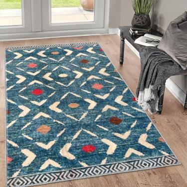Imagem de KILOCOCO Tapete de área 3'x5' tapete para sala de estar tapete lavável tapete de quarto antiderrapante tapete boho tapete de pilha baixa Morden tapete macio para cozinha banheiro jantar tapete marroquino geométrico, azul/multi
