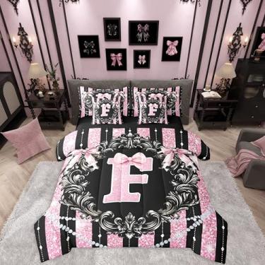 Imagem de Erosebridal Jogo de cama solteiro com laço e letra F, alfabeto preto e rosa, 7 peças, kawaii, laço gótico, com lençol com glitter, conjunto de cama listrado, para meninas e crianças