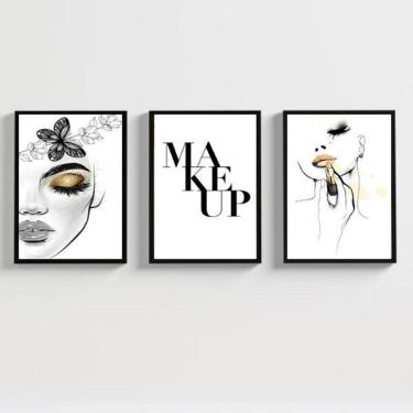 Imagem de Kit 3 Quadros Maquiagem 33x24cm - Vidro e Moldura Preta