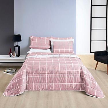 Imagem de Kit Cobre Leito Colcha Brooklyn Casal Quadriculado Micropercal 200 Fios 3 Peças - Rosa