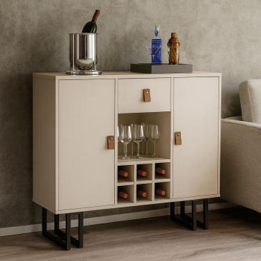Imagem de Buffet Com Adega E Nichos Branco Pés Metálicos Preto Moderno