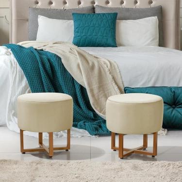 Imagem de Kit 2 Puffs Industriais Charles Estofado Veludo Bege Base Ferro