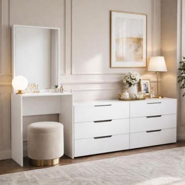 Imagem de Conjunto Cômoda Auxiliar Penteadeira com Espelho 6 Gavetas 210cm Madri