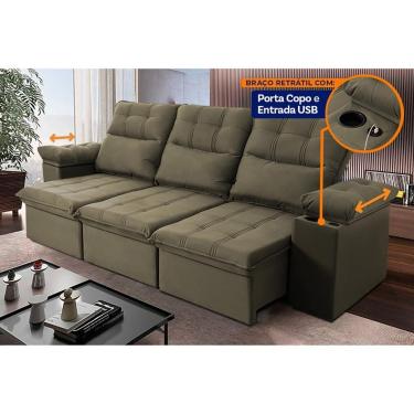 Imagem de Sofá Retrátil Reclinável Verona Usb E Porta Copo 2,30m Marrom Claro