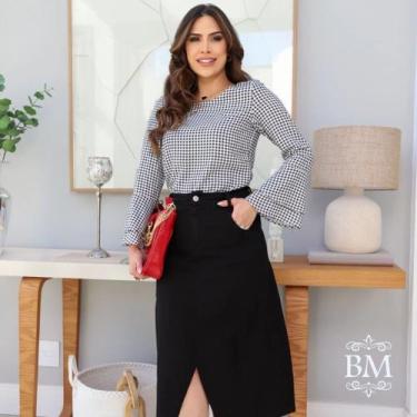 Imagem de Saia Jeans Evasê, Preta, Cós com Passante, Zíper, Botão, Bolso Frontal