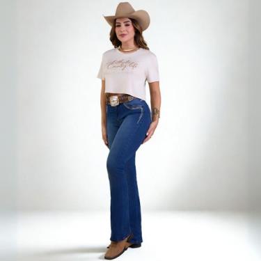 Imagem de Calça Country Feminina Bordada Flare Jeans Grosso Bill Way, Azul, 36
