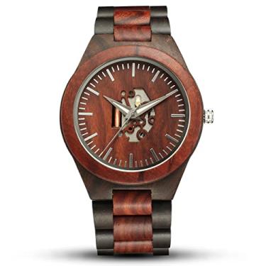 Imagem de Relógio de pulso masculino, relógio de pulso de madeira natural, relógio analógico de quartzo com mostrador de esqueleto e algarismos romanos, relógio luminoso para homens e mulheres, marrom 1