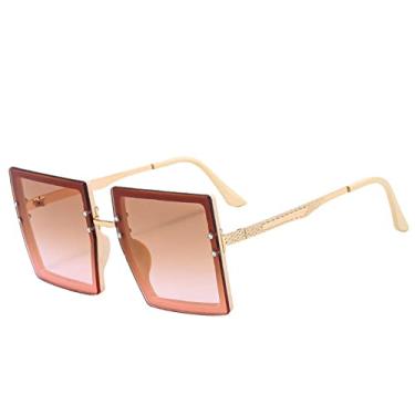 Imagem de Óculos de sol de metal quadrado espelho plano feminino rosto redondo feminino óculos de sol vintage de armação grande, bege chá rosa, um