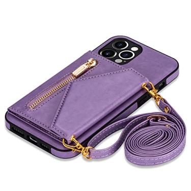 Imagem de Carteira com zíper para iPhone 14 13 12 Mini 11 X XR XS Pro Max 7 8 Plus Case com alça de cordão de cartão Capa de couro transversal, violeta, para iPhone 14 Plus