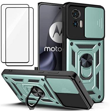 Imagem de Capa para Motorola Moto Edge 30 Neo Capinha | com 2 protetores de tela temperados, janela deslizante de proteção da câmera integrada e suporte para telefone - Verde
