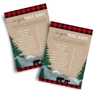Imagem de Jogo de chá de bebê Lenhador Guess the Price Pacote com 25 cartas de jogo divertidas para meninos chá de bebê, borrifar, design de urso rústico, vermelho, preto, tema xadrez (tamanho 4 x 6), festa inteligente de papel
