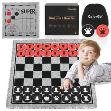 Imagem de 4 in 1 Vintage Giant Chess Game Set, Jumbo Checkers and Large Tic Tac Toe with Reversible Checker Board Game Mat & 34 Chess Pieces, Indoor Outdoor Board Game for Family, Camping, Yard, Lawn