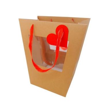 Imagem de Sacola de Papel com visor duplo de PVC - Kraft com Alça Vermelha e Tag