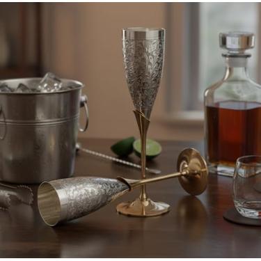 Imagem de StonKraft Taça de latão gravada, taças de champanhe, taças de champanhe, conjunto de taças de vinho (emprestador) - prata polida