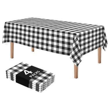 Imagem de DaiUni Pacote com 4 toalhas de mesa xadrez pretas e brancas – Toalha de mesa xadrez descartável de plástico 137 x 272 cm, capas de mesa de piquenique à prova d'água para festa de aniversário