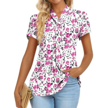 Imagem de Anymiss Blusas femininas de verão elegantes casuais de chiffon para trabalho, túnica de manga curta, camisas de primavera, 2-LD - flor rosa, M