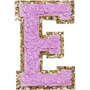 Imagem de 3 Pçs Chenille Letter Patches Ferro em Patches Glitter Varsity Letter Patches Bordado Bordado Borda Dourada Costurar em Patches para Vestuário Chapéu Camisa Bolsa (Roxo, E)