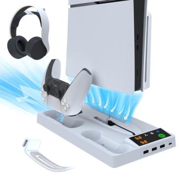 Imagem de Suporte de estação de resfriamento para PS5 Slim, estação de carregamento de controlador duplo, ventilador de resfriamento de 3 estágios, 3 hubs USB, suporte para fone de ouvido. (Branco)