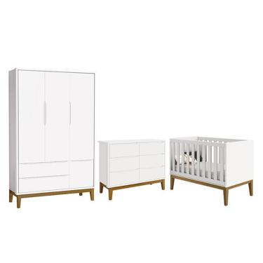 Imagem de Dormitório Completo Infantil Classic 3 Portas, Cômoda 6 Gavetas e Berço com Pés Amadeirado - Reller Móveis Branco Fosco