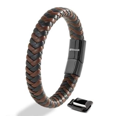 Imagem de SERASAR | Pulseira premium [estável] para homens em couro genuíno preto e marrom | Fecho magnético de aço inoxidável | Caixa de joias incluída | Ótima ideia de presente, 23cm, Couro, Sem Pedra