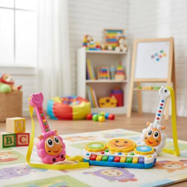 Imagem de Kit Brinquedos Educativos Infantis 4 em 1 - Piano Musical Bateria Sol com Luzes LED, Guitarra Ovelha + Rena Fujona para Desenvolvimento Sensorial com Pilhas Inclusas