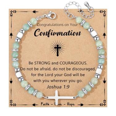 Imagem de JoycuFF Presentes Cristãos para Mulheres Pulseira Cruzada Fé Páscoa Católica Religiosa Joias Cristãs, Batismo Significativo Comunhão Contas Naturais Pulseiras, 7, Sem Pedra Preciosa