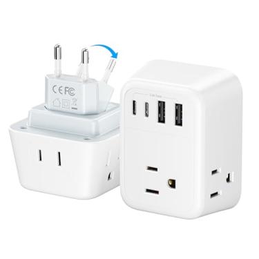 Imagem de Adaptador de tomada de viagem europeu, adaptador de 4 tomadas para tomada da Europa, adaptador de tomada tipo C com 4 portas de carregamento USB (2 USB-C), adaptador de tomada de parede dobrável