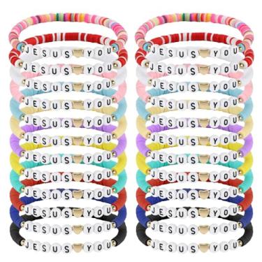Imagem de poosenniol 24 pulseiras Jesus Loves You Pulseiras de amizade a granel joias cristãs presentes de Páscoa para mulheres homens presente religioso inspirador, Resina