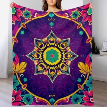 Imagem de Manta mandala, cobertor psicodélico, presentes para adultos, mulheres, homens, cobertores aconchegantes de flanela leve e macia para cama, sofá, acampamento, para todas as estações (101 x 76 cm)