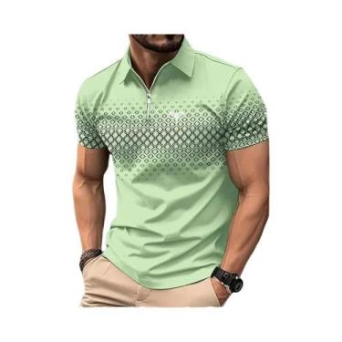 Imagem de Camisa Polo Masculina Xadrez Com Zíper, Casual, Manga Curta, Moda De P