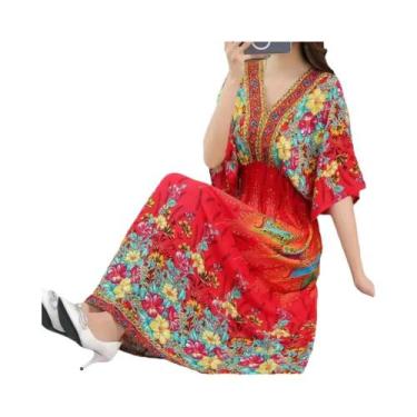 Imagem de Vestido Midi Vintage Boêmio Floral Para Mulheres Com Decote Em V E Cin