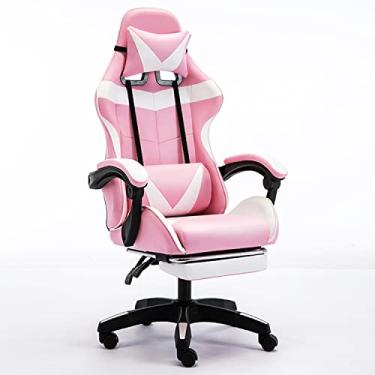 Imagem de Cadeira de jogos, encosto e assento reclinável giratória ajustável para corrida, escritório, cadeira ergonômica para jogos com apoio para os pés e suporte lombar rosa