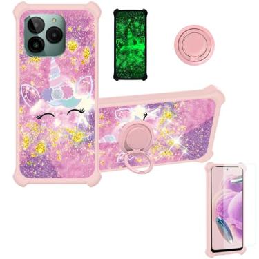 Imagem de jioeuinly Capa para celular Pinwheel Genesis 2 compatível com BLU Bold K10 / Blu G54 [com protetor de tela de vidro temperado][PC + silicone] [glitter dourado + luminoso] JSF-DJS