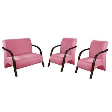 Imagem de Conjunto Poltrona Decorativa Sevilha Braço Madeira kit 3 peças Confort