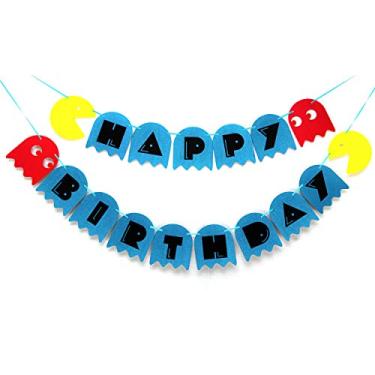 Imagem de Faixa Pacmn Ghost Happy Birthday – Decoração retrô de festa de fliperama com fantasmas clássicos – Banner de aniversário com tema de jogador divertido para fãs de videogame, adolescentes, adultos e