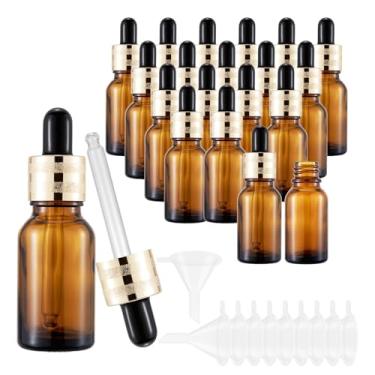 Imagem de JIUWU Pacote com 20 frascos conta-gotas, frasco conta-gotas de vidro âmbar de 15 ml com conta-gotas, mini frascos de vidro vazios com 10 funis para óleo essencial de cabelo, frasco conta-gotas