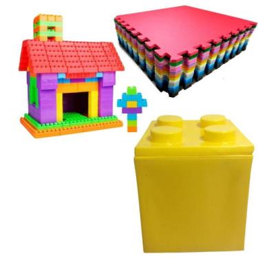 Imagem de Kit Monta Monta Caixa LEGO P, Tatame Infantil e 200 Blocos de Montar -