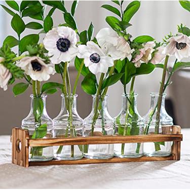 Imagem de Vaso de flores de vidro de 5 peças com suporte de madeira, melhores vasos para flores, conjunto para decoração de casa, decoração de casamento, decoração de mesa, cozinha, banheiro, quarto, decoração