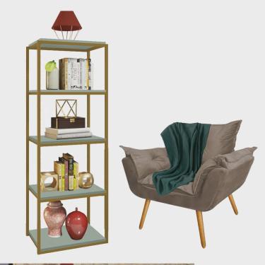 Imagem de Kit Poltrona Fatte com Manta Soft Verde e Estante Livreiro Ferro Dourado mdf Verde Oliva Suede Bege - Ahazzo Móveis