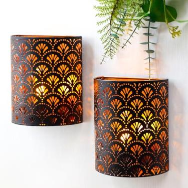 Imagem de JHY DESIGN Conjunto de 2 lâmpadas alimentadas por bateria 20 cm H iluminação de arandela metal rústico lâmpada de montagem de parede com temporizador de 6 horas decoração de parede para sala de estar