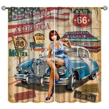 Imagem de Nitmbi Cortinas de carro vintage, rota retrô 66 antigo clássico tema de carro arte cortinas janela 2 painéis cortina de bolso para varão para decoração de quarto sala de estar 52 cm L x 114 cm C 30%