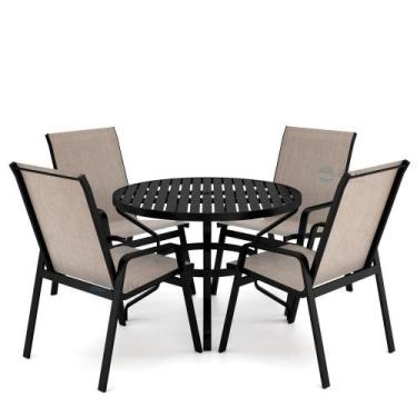 Imagem de Mesa 4 Cadeiras Ripado Piscina Alumínio Preto E Tela Mocca - Aluv Móve