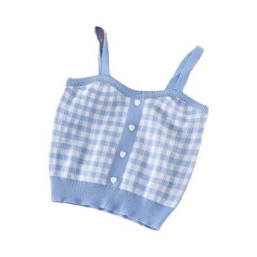 Imagem de Top Cropped De Malha Xadrez Azul Para Mulheres, Camisola De Verão Fofa