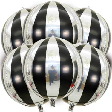 Imagem de Balões 4D pretos e prateados, balões de bola de discoteca, listrados, preto e prateado, decorações de festa de discoteca, decoração de espelho de discoteca, decoração de Halloween, carnaval, chá de
